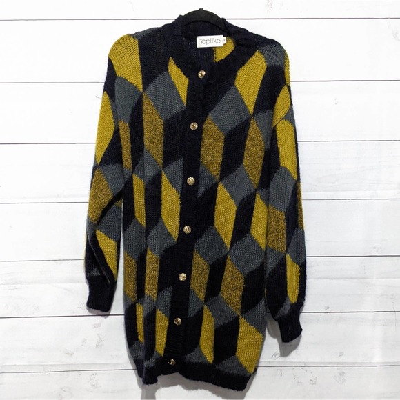 Vintage Sweaters - NWT Toplike Button Up Diamond Knitted Cardigan Sweater Multicolor Women's Sze 42